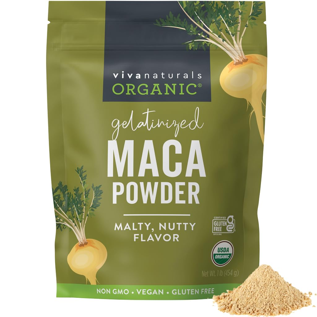 Viva Naturals Organical Maca Powder, Gelatinized, 16 oz (1 lb) — Vegan, USDA Organic, Gluten-Free, 非GMO 秘鲁超食品在可逆袋中