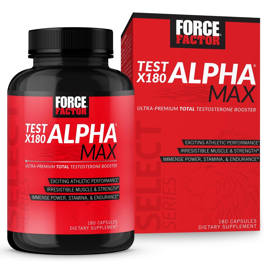 FORCE FACTOR测试 X180 Alpha 最大总睾丸酮和尼特里氧化物助推剂,用于Fenugreek种子和Tribulus的男性增加血流和改善男性运动性能,180卡普尔