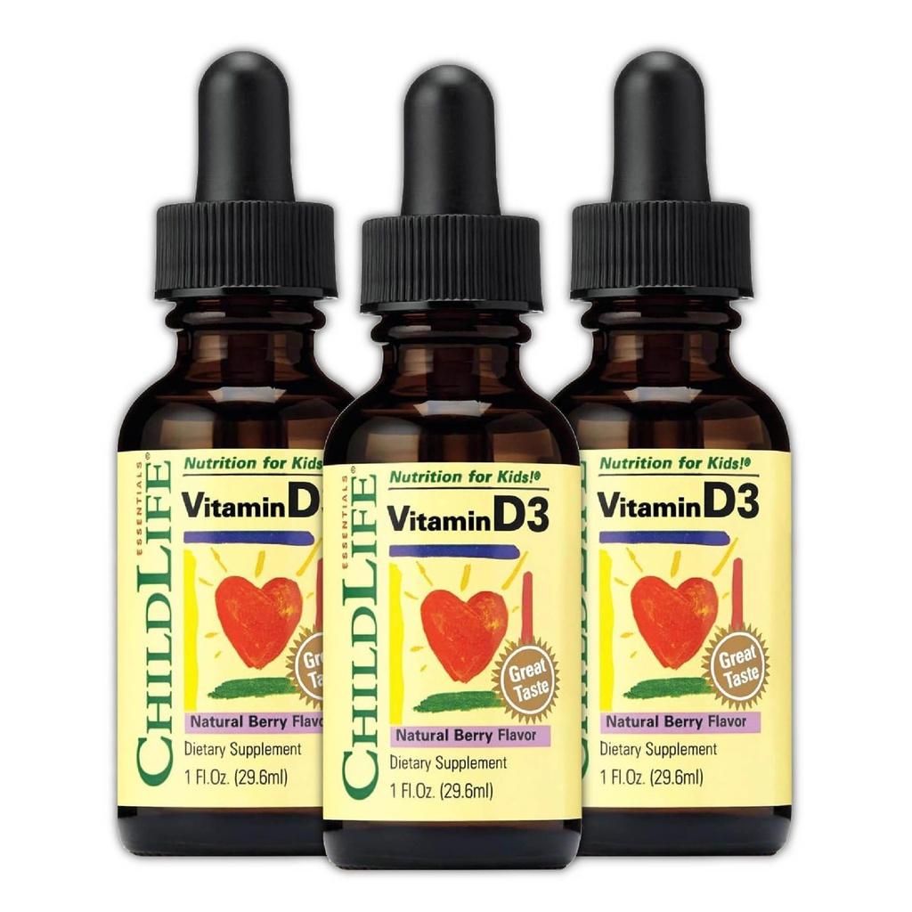 儿童维生素D3 儿童、儿童、和托德勒斯-液体维生素D 滴液,每滴500IU,Immune & Bone健康支持,天然莓 - 1 Fl Oz(3包)