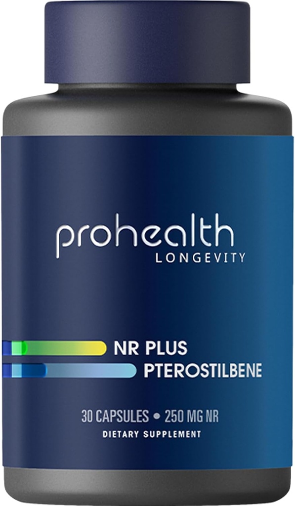 ProHealth NR + Pterostilbene. Promotes Longevity, Energy, and Healthy Aging. Protects Heart + Brain Health. Supports Cellular Repair. 250mg Niagen Nicotinamide Riboside + 40mg Pterostilbene, 30 Caps