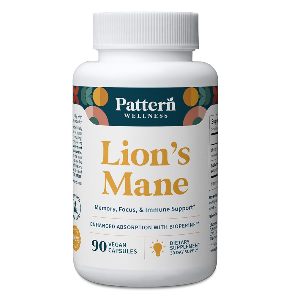 Pattle Wellness Lion的马恩蘑菇 – 用于认知和焦点支持的补盖 – 强化吸收 – 90 Vegan Capsules