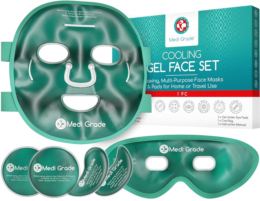 Medi级冷却冰面面罩和冷却眼罩用于Puffy Eyes & Migraine Relief - 自我护理面罩冰面包 配有ChileGel面罩冰面技术 - 冷却面罩,眼罩和包
