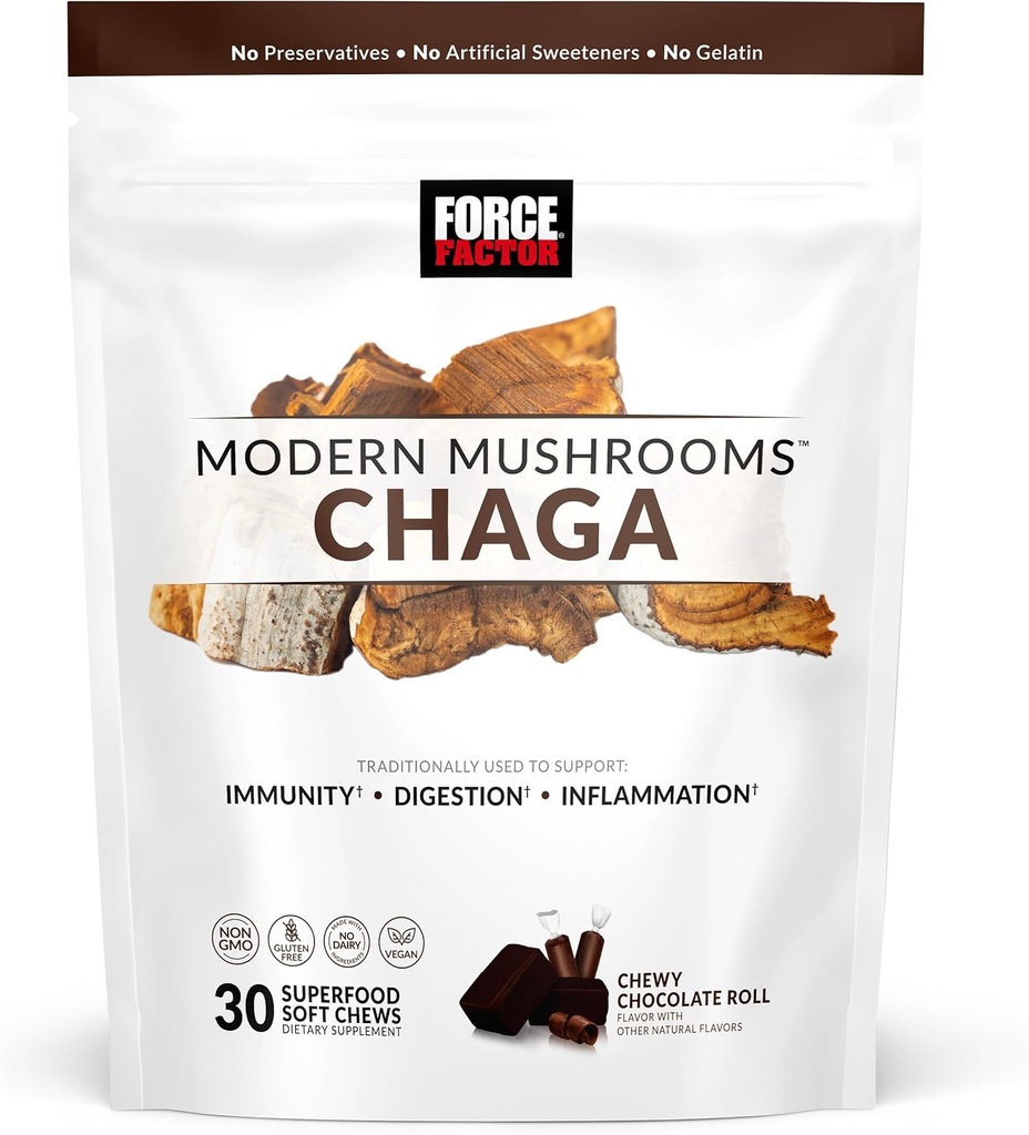 FORCE FACTOR 现代蘑菇 软菜 Chaga 蘑菇 支持豁免,文摘, & Gut 健康,抗氧化剂 补充,美味 Chewy 巧克力 卷饼 30 软菜
