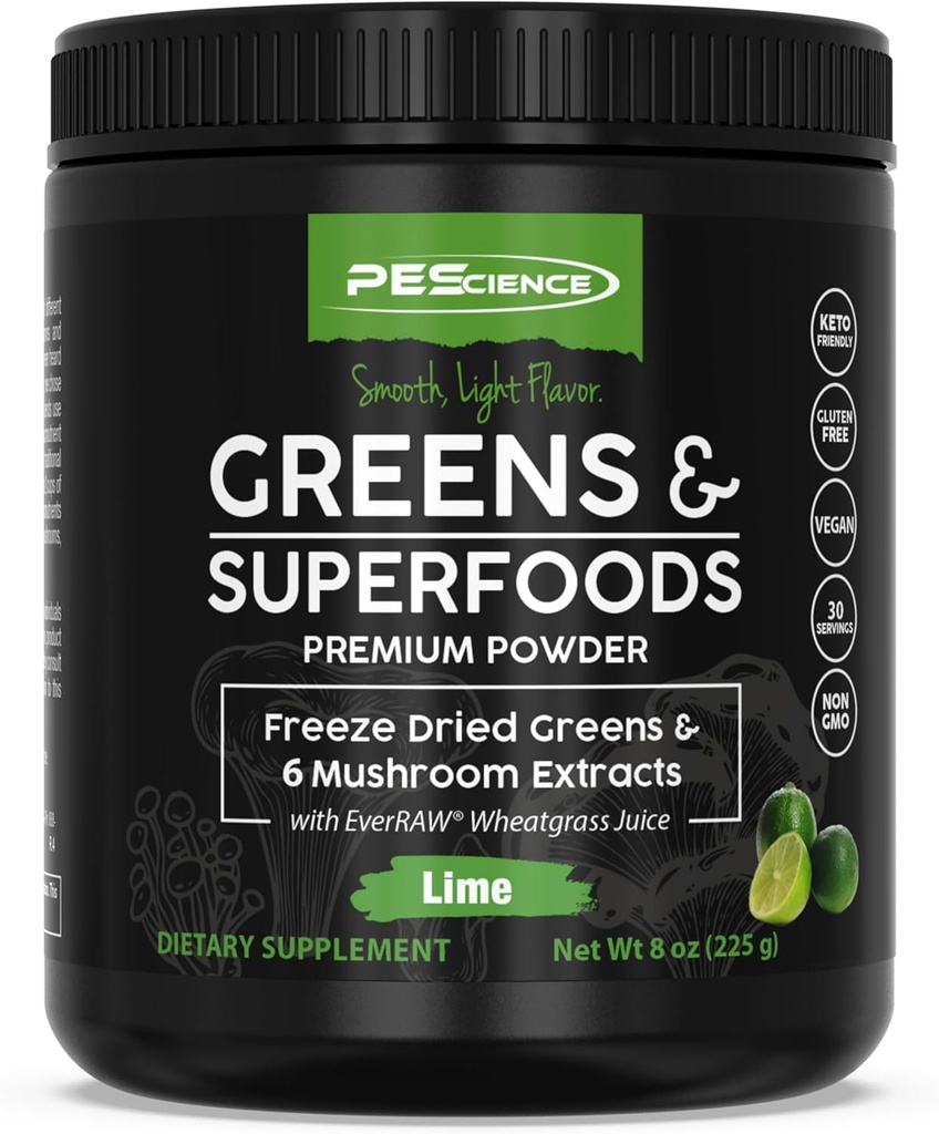 PEScience Greens Powder 超级食品 天然氯phy, Reishi 和土耳其 Tail 蘑菇粉, Street-Dried Kale, Spinach, Broccoli Sprouts, Lime Flavor, 30种服务