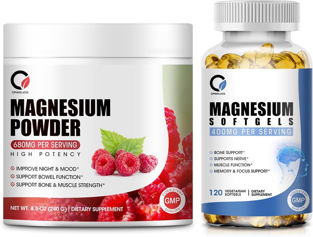 甘油镁400mg 软胶 & 680mg 甘油镁复合粉 用于镇静,夜间和肌肉支持 - Vegan,非转基因O