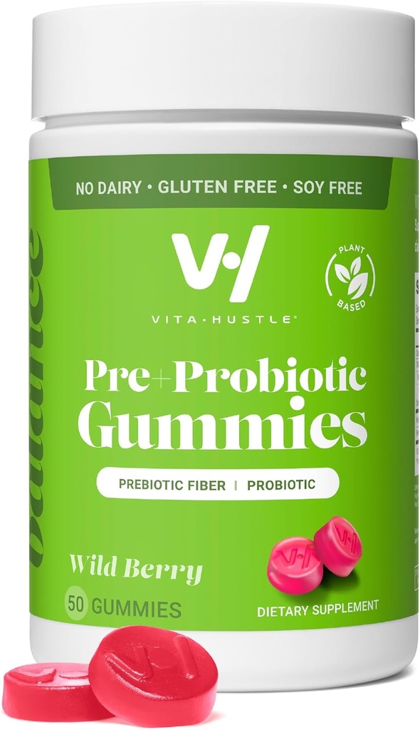 VitaHustle Pre + Probiotic Gummys, Vegan, Gut Health, Digestion, Bloating, Relief, Immune Support, 低糖,植物基,非转基因生物, Berry Flavor, 50 计数