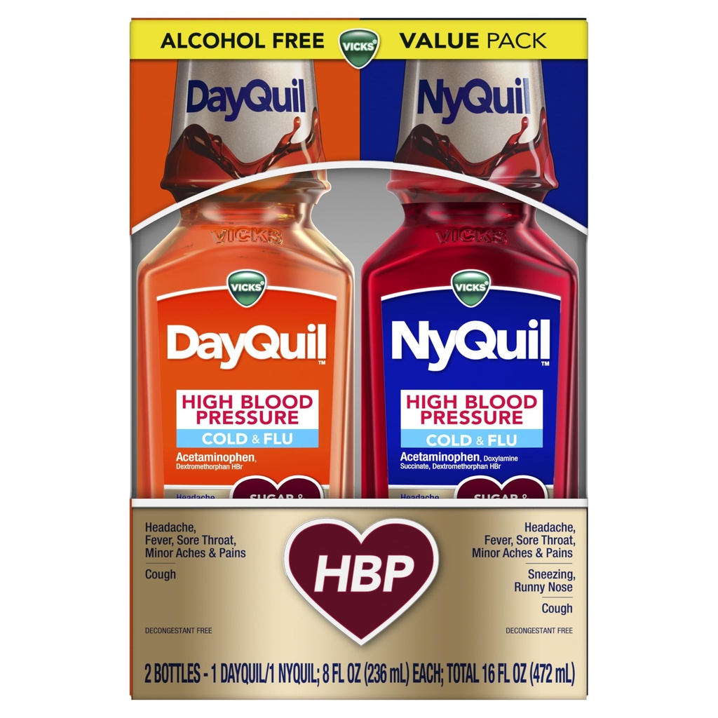 VICKS DayQuil & NyQuil 高血压冷冻和Flus Relief液态药 共包 强力多音节 日间和夜间 Relief for Cold, Cough, and Flus Synmptoms, Sugar & Wolk, 2x8oz