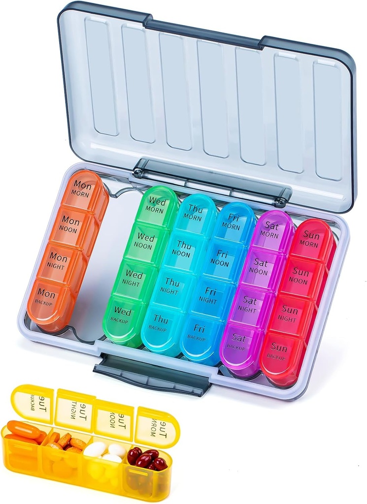 Betife XL 大容量 4 Times a Day Pill Organization, 7 Daily 4 Times Weekly Pill Box, 配有28个药物、维生素和补充剂的比对
