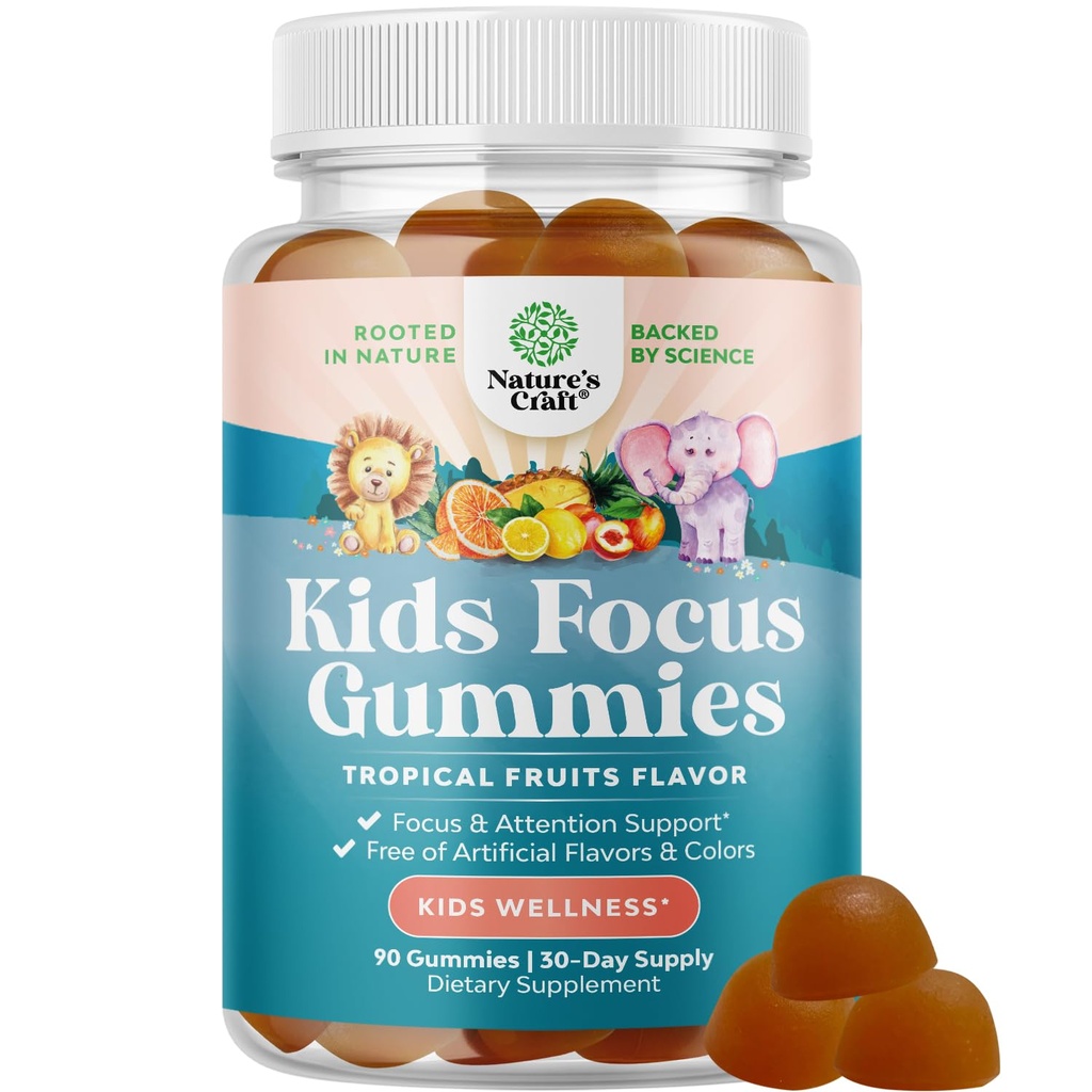 儿童焦点Gummys - 绿茶提取、B6和B12 记忆和脑聚焦维生素 - 草药浓度 Chews for Children - 90 Counter