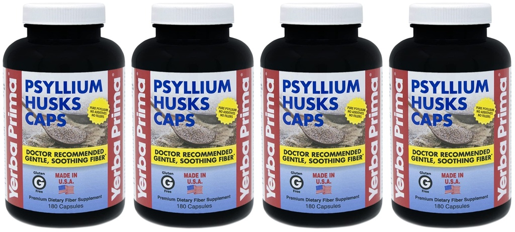 Yerba Prima Psyllium Husks Caps - 180盖(4套) - 天然纤维补编 - 非GMO Gluten Free