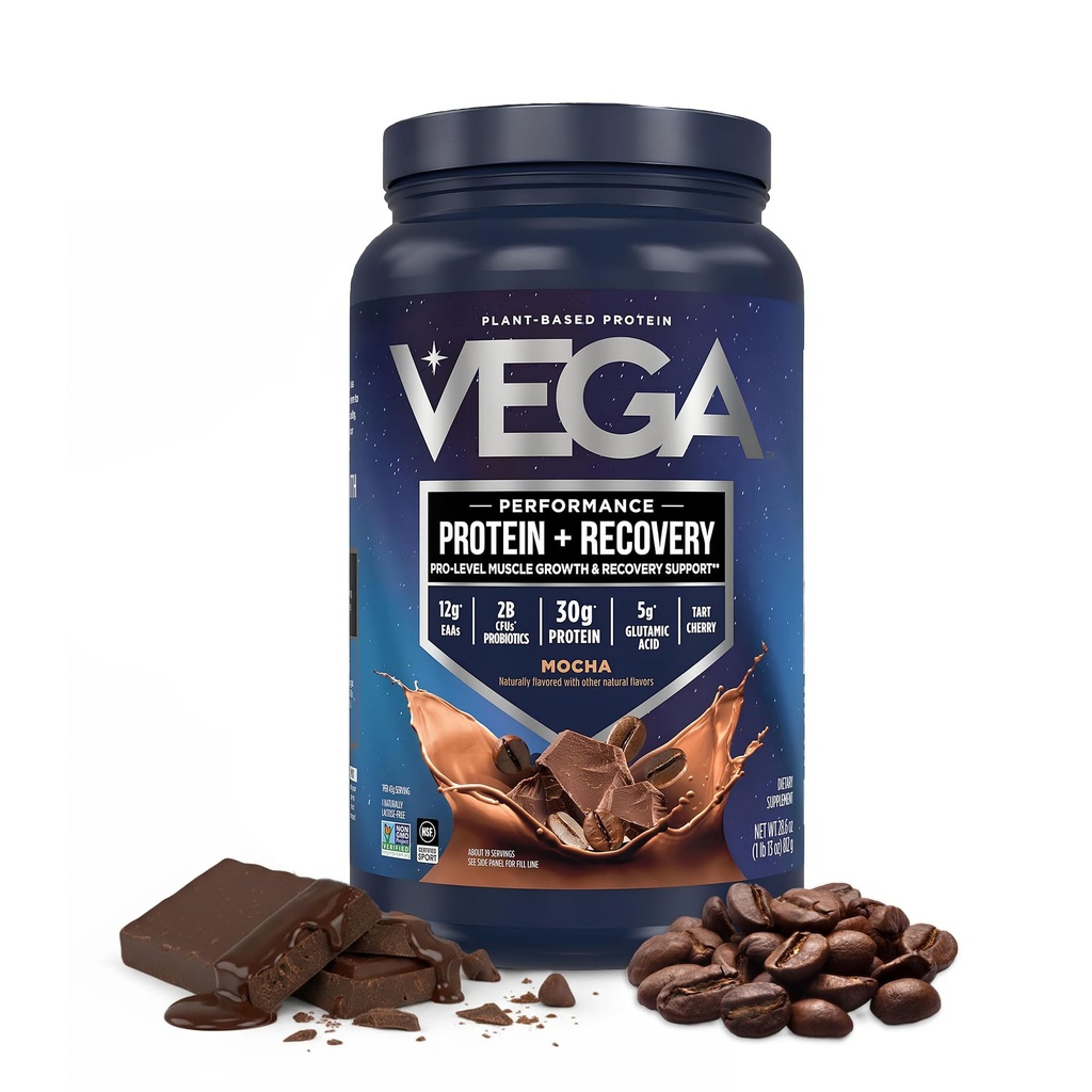 Vega Sport Vegan蛋白粉+恢复-每服30g植物蛋白,Mocha,19服,5g BCAAs,Probiotics,NSF认证,用于摇晃和平滑,1.8磅(包装5月Vary)