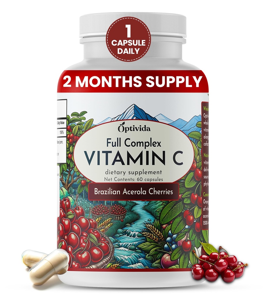 POPIVIDA 基于植物的天然阿塞罗拉樱桃维生素C C Capsules 60 Count 有机维生素C | Non Ascorbic Acid Vegan 补充 免疫支持,健康皮肤和联合