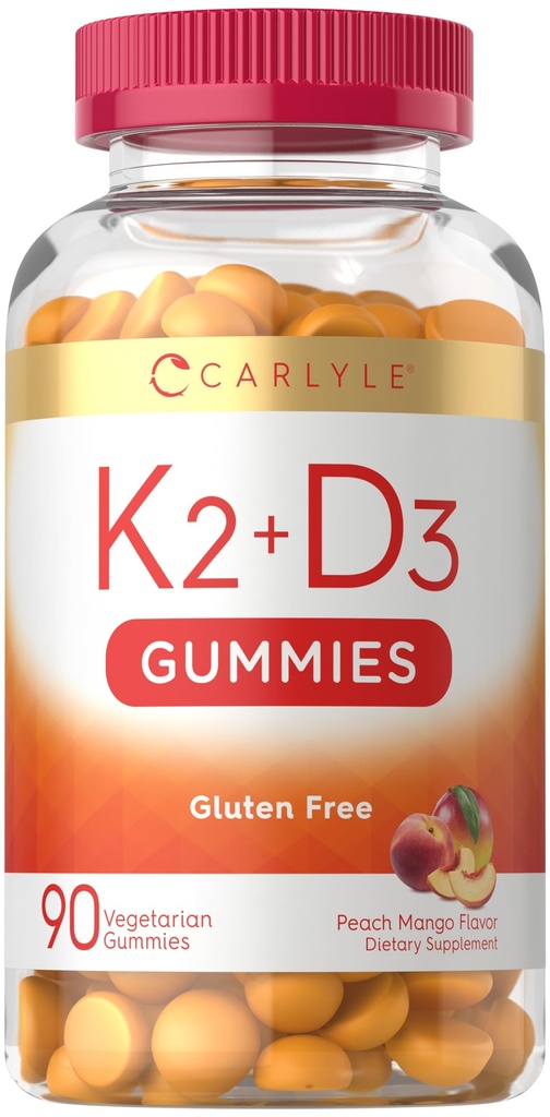 Carlyle Vitamin D3 K2 Gummys | 90 5000 IU of D3 + 100 mcg MK7 | Vegetarian, Non-GMO, 和 Gluten 免费维生素补充品