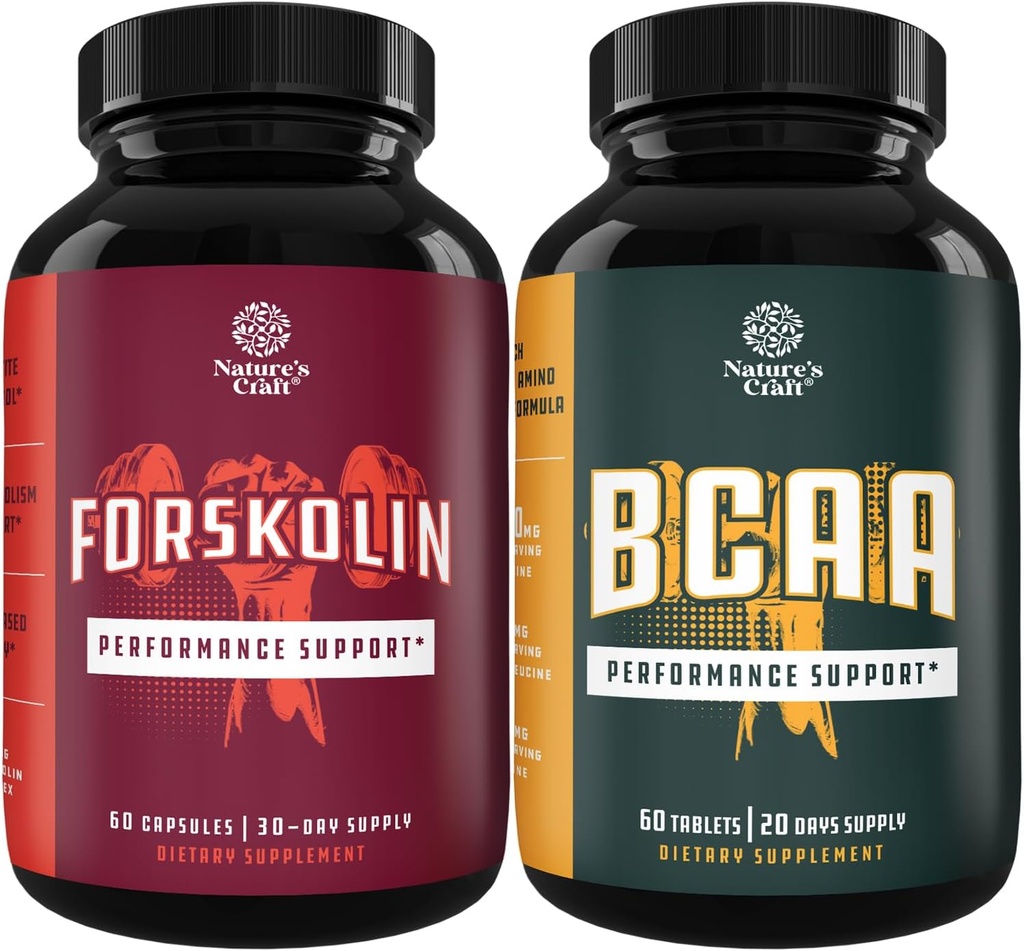 Bundle of Natural Pre Workout Forskolin Supplement and Branch Chain Amino Acids Supplement - Natural Energy Booster and Workout Supplement - Vegan BCAA Capsules Post Workout Muscle Recovery