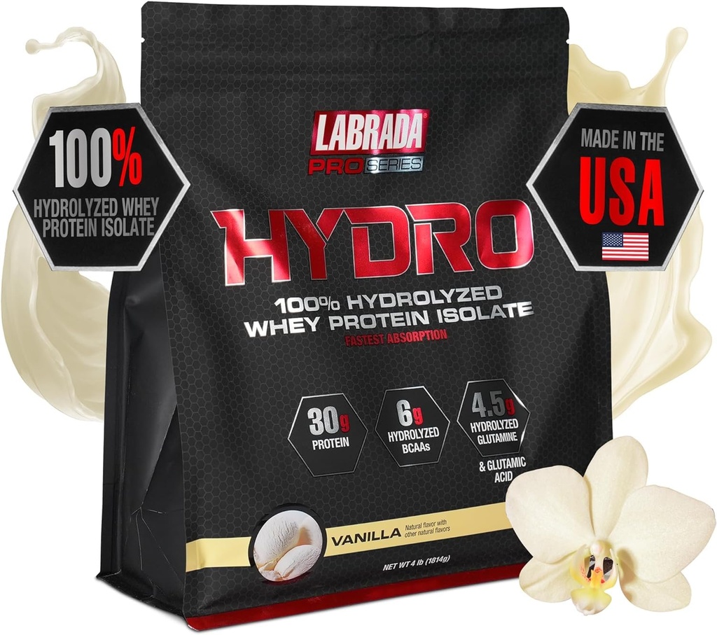 LABRADA Hydr100%纯水解 Whei蛋白孤立粉,无乳糖,Glutamine, 快速文摘 Whey 可用,即时混合, 美味味 48 services 4lb (Vanilla)