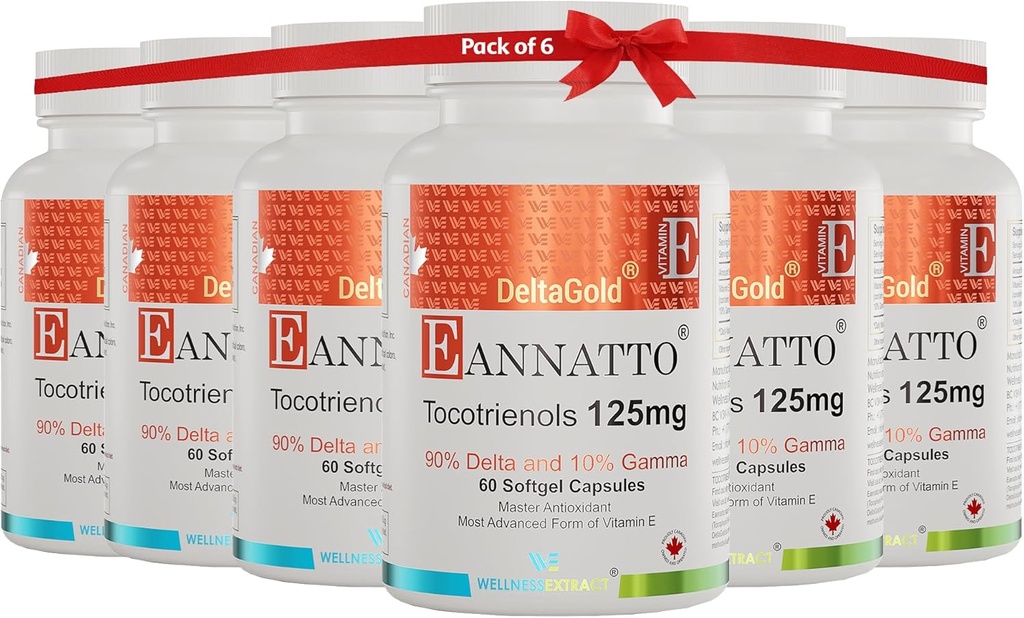 WELLNESS EXTRACT Eannatto Tocotrienols Deltagold 125mg, Vitamin E Tocotrienols Supplements 60 Softgel, Tocopherol Free, Non-GMO, Gluten Free & Antioxidant (Pack of 6)