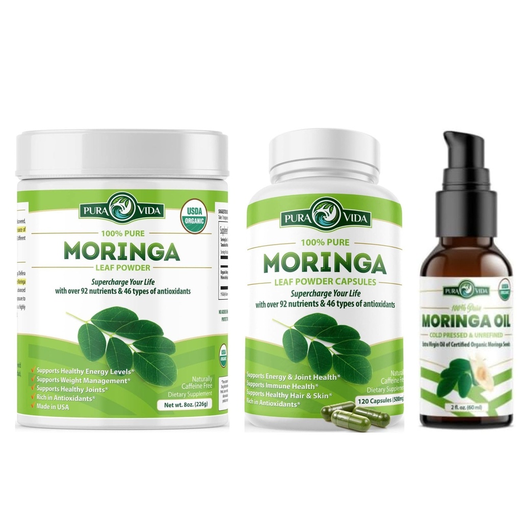 苏拉VIDA MORINGA 粉末 8 oz 卡普勒斯(120个伯爵)和有机莫林加油(2fl oz)