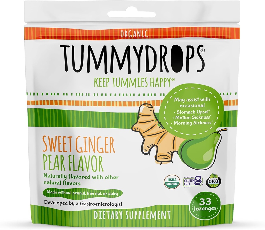 USDA 有机甜甜的姜汁Tummitdrops, Gluten Free & Vegan. 33 个人包装的有机姜汁Lozenges 在一个可回收的袋子中.