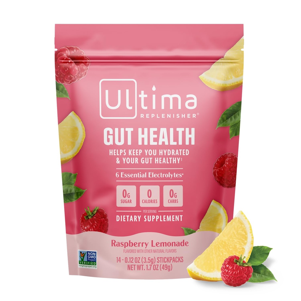 Ultima 增资者 Gut 健康补充剂和电解剂 Powder - Raspberry Lemonade, 14个粘贴包装 - 加有 Gut 健康福利的水化包装