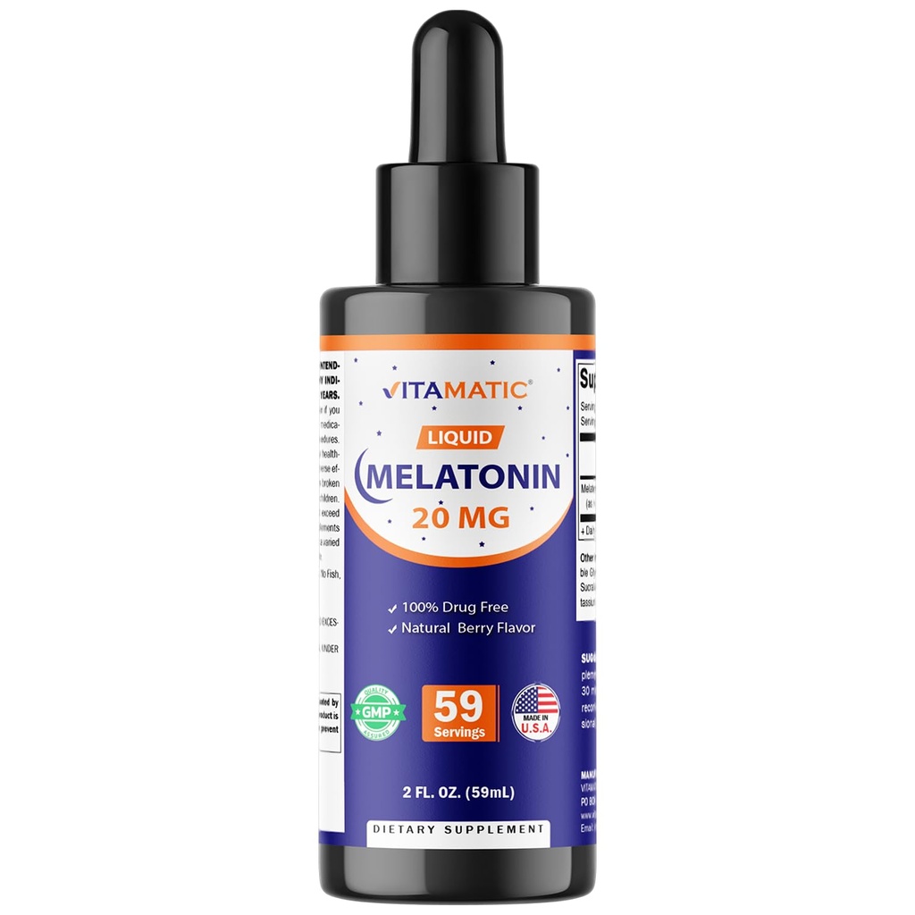 Vitamatic Melatonin 20mg Liquid Drops – 2 Fluid Ounce (59ml) – Natural Berry Flavor – for Adults – Non-GMO – Vegetarian Supplement