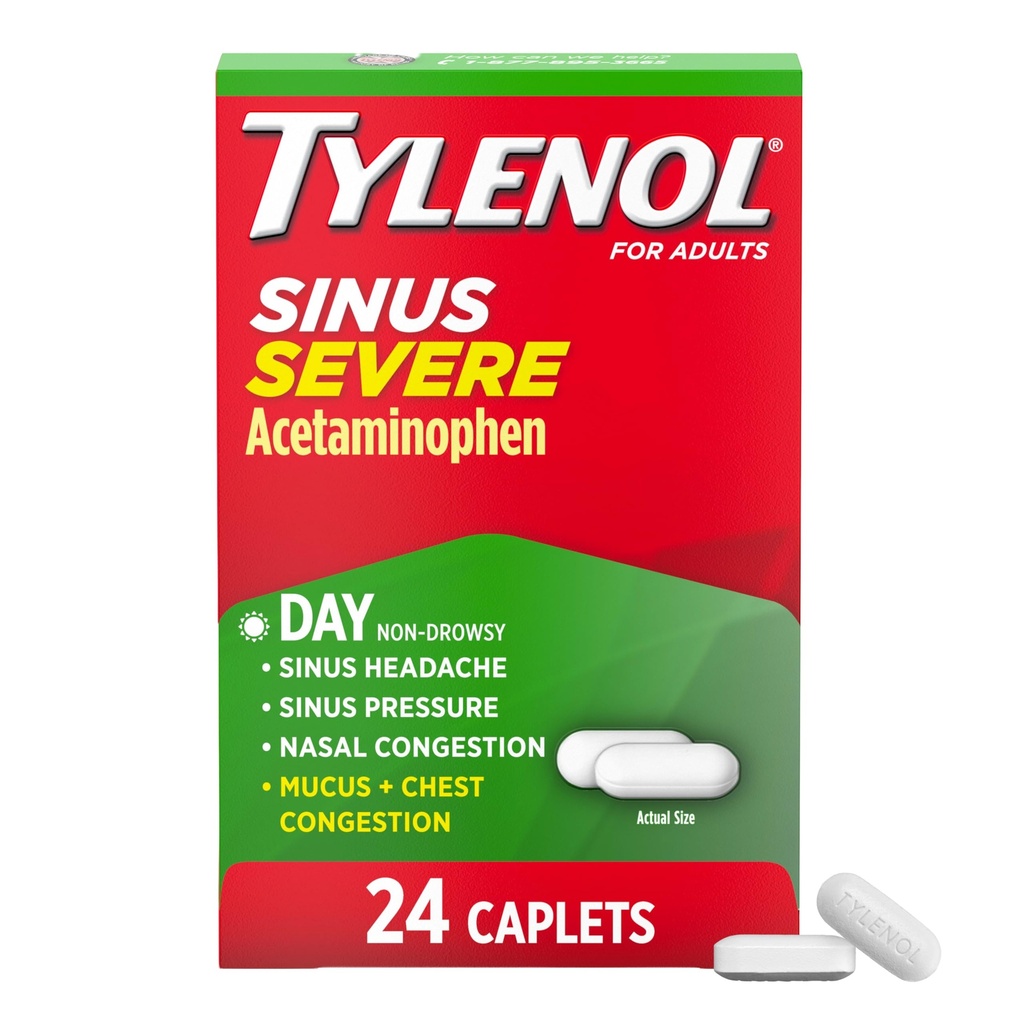 Tylenol Sinus 严重日间冷冻和氟脱脂药片、非昏睡疼痛救生剂、减热预期剂和减热剂、乙酰氨基苯、Guaifenesin & Phenylephrine HCl, 24 厘米