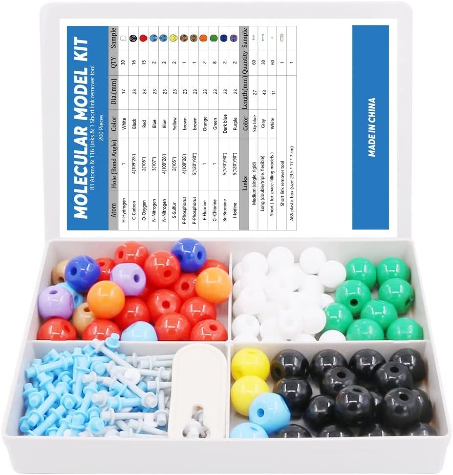 Swpeet 200 Pcs 有机化学和无机化学分子模型包 化学分子模型学生与老师集 - 83原子与116链接与1短链接删除器工具