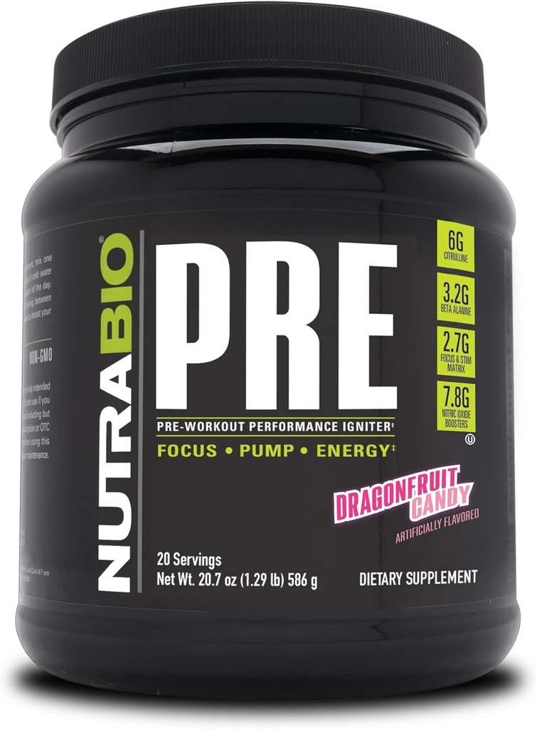 NutraBio Pre Workout Powder - 老公式 - 持续能源,精神焦点,耐力 - Beta Alanine, Creatine, Cafeine, Electrolytes - 20 services - Dragonfe果糖