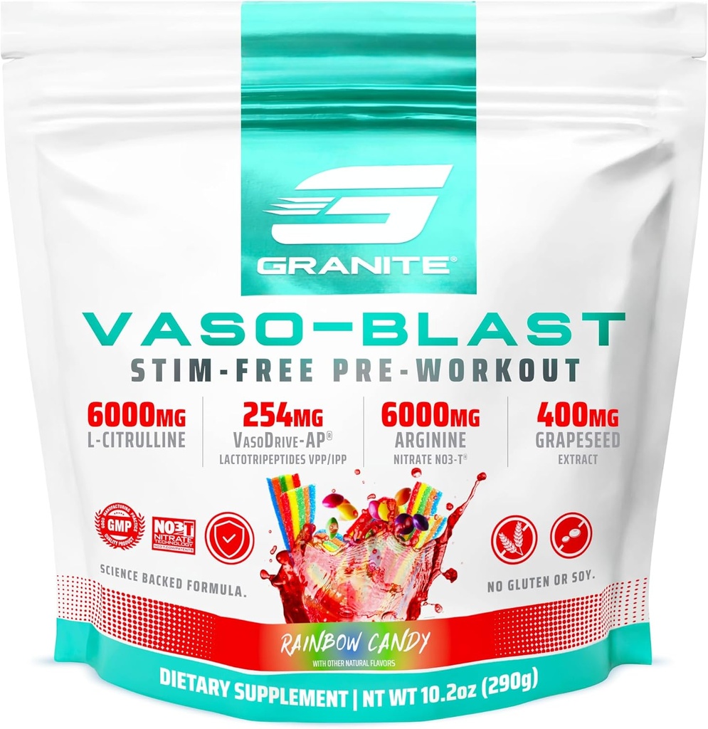 Granite 补充 Vaso blast, Rainbow Candy Flavor, 注射葡萄籽提取剂的男女兴奋剂免费预选, Arginine Nitrite, & VasoDrive-AP 为 Max Pump (20 services)