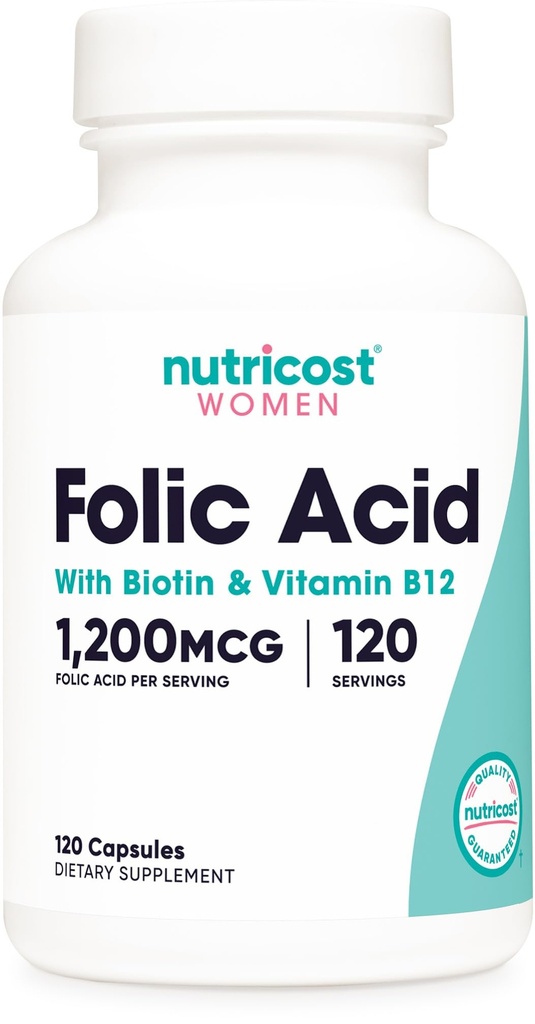妇女的营养酸(维生素B9) 1200毫克,120卡普尔,有B12和Biotin、Veggie Caps、Non-GMO和Gluten Free。