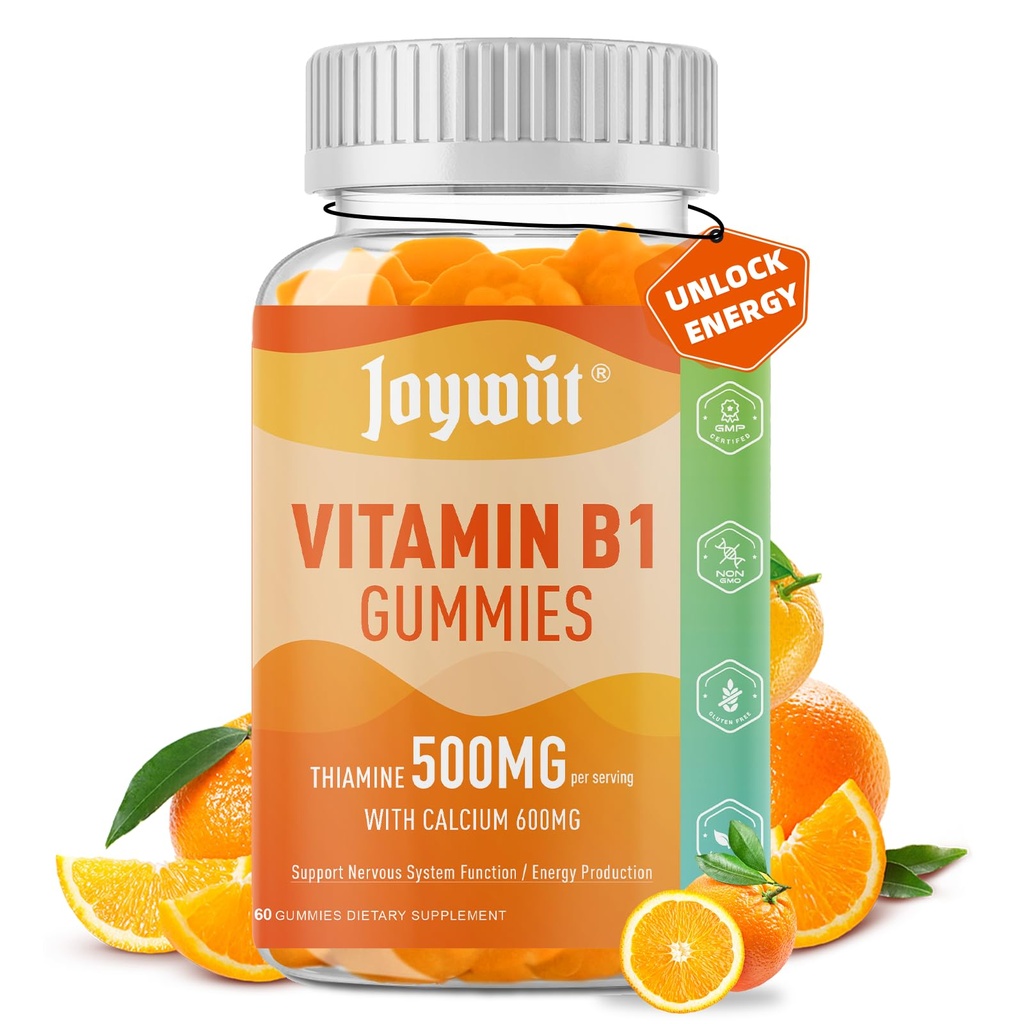 维生素B1 Gummys 500mg, Chewable Thiamini B1 成人补充剂,配有600mg Calcium Citrate, 支持神经系统, Vegan, 天然橙色火焰