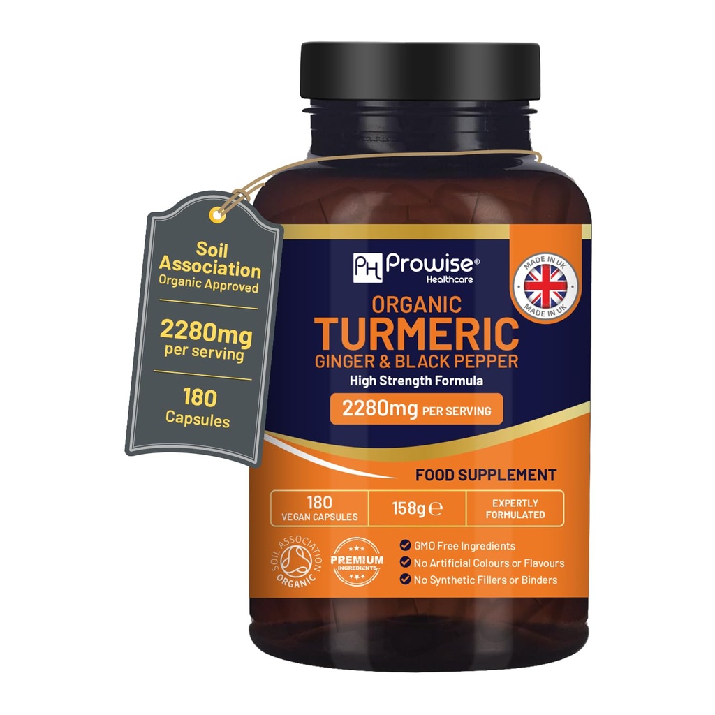 带有黑色辣椒和姜汁的Turmeric 2280mg(高强度) - 180 Vegan Turmeric Capsules 具有活性成分 Curcumin I UK 由Prowise保健公司制造