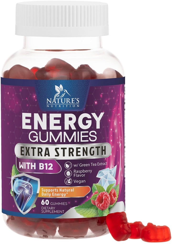 Energy Gummies - Vitamin B12 1000 mcg Per Serving - Daily Energy Chews with Natural Caffeine from Green Tea, Berry Flavored B12 Gummy Exercise Supplement for Running Cycling & Sports - 60 Gummies