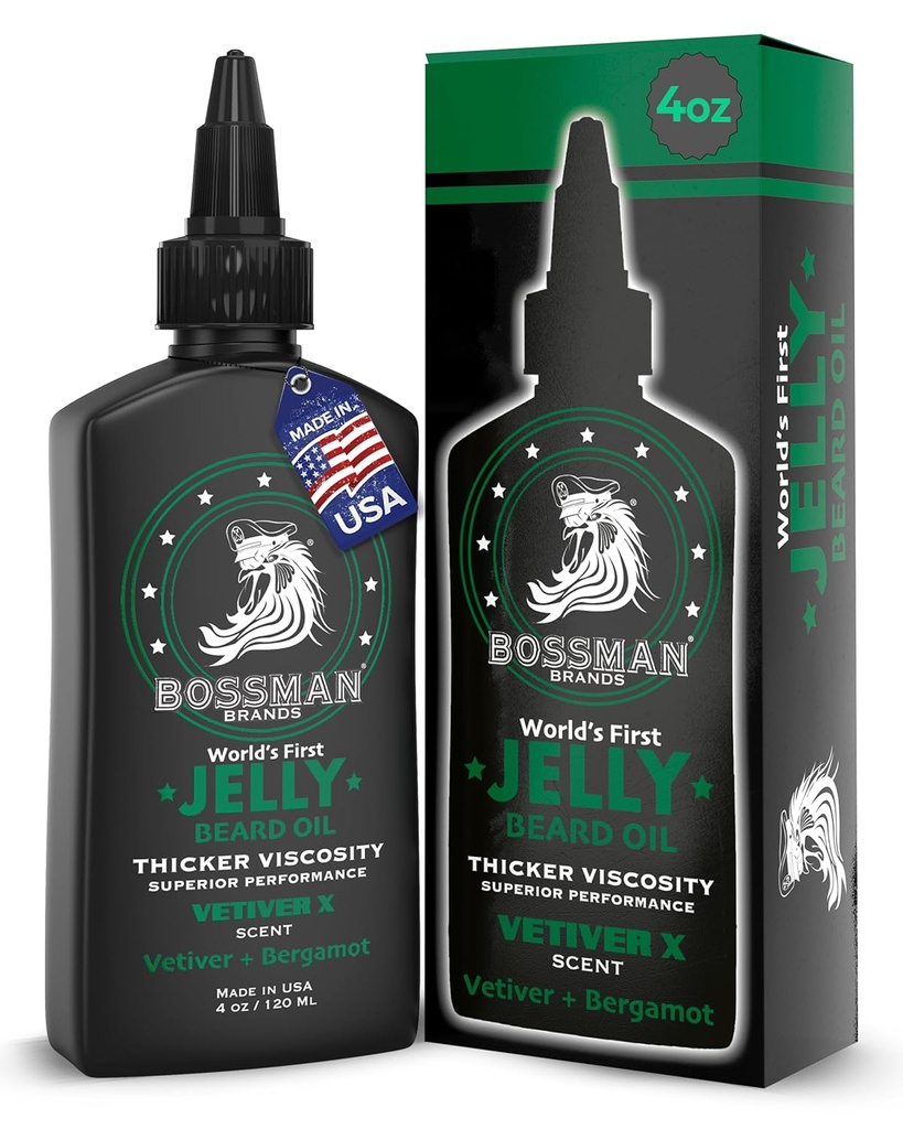 Bossman Jelly Beard Oil for Men (4 oz, Vetiver X Scent) – 柔软,摩尔化和带有天然成份的条件