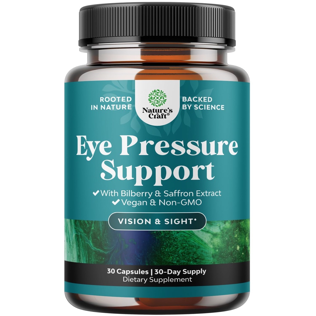 Natures Craft Eye Pressure Support with Bilberry Extract - Vegan Eye Health Supplement for Adults for Ocular Pressure Relief with Saffron Ginkgo Niacin and More Vitamins Vision Support - 30 Count