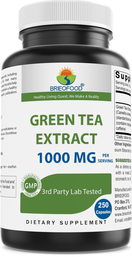 Brieofood Green Tea 提取器 1000毫克/次(Min 50%多酚) - 250 Capsules - 第三方测试纯度和质量的实验室