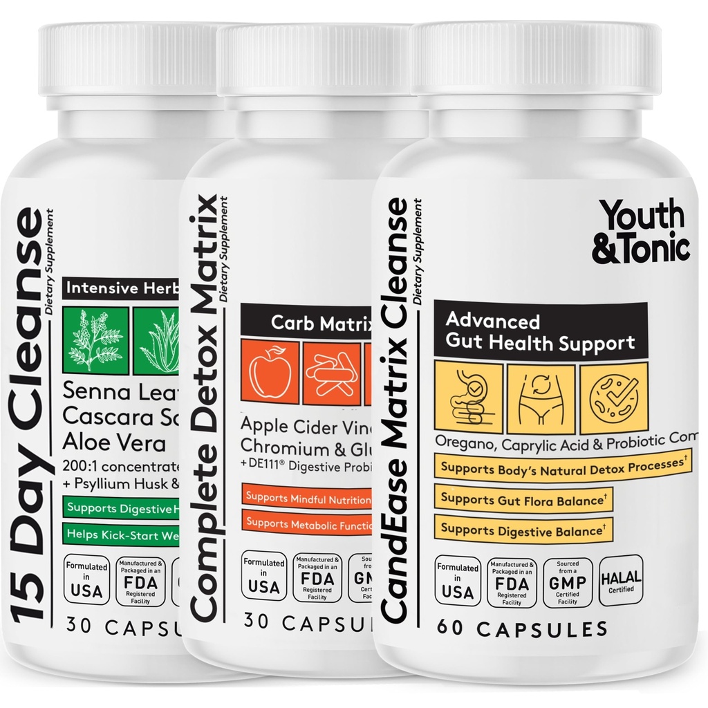 CandEase Matrix Pills & Colon Cleanser & Complete Detox Matrix Fast Kit Bundle 3pk | Caprylic Oregano Protease & Cellulase Enzymes Laxatives ACV Chromium & 100 Bil CFU/g 消化性亲生素