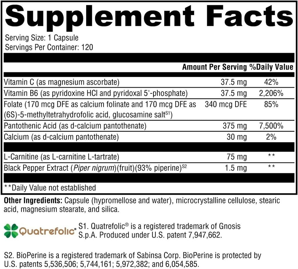 XYMOGEN Corticare B - 配有维生素C,L Carnitine和Biocople Quatrifolic Folate 配辅 - 支持健康能源和Coenzyme A 生产(120 Capsules)