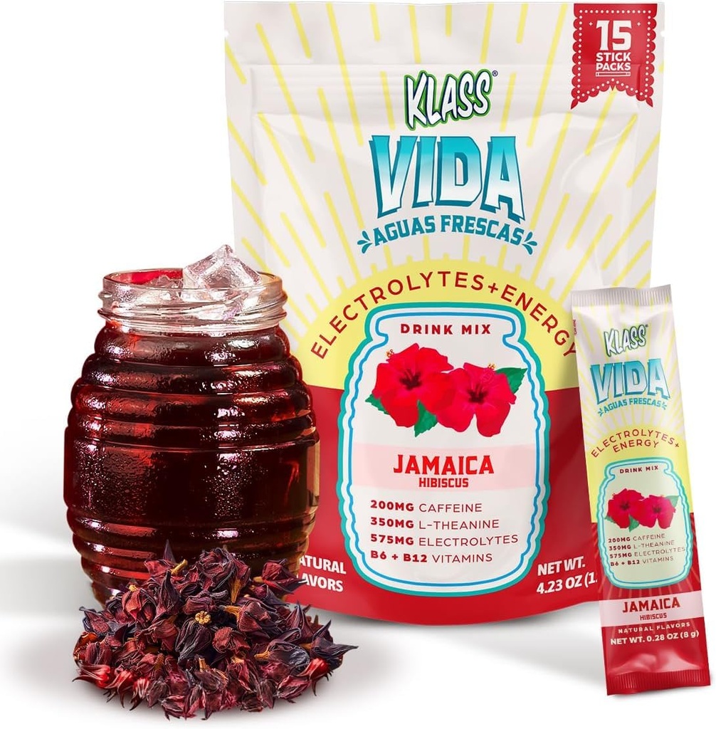 水解 + 能源 电解 饮料 混合 – Hibiscus Agua Fresca Flavor → 无糖粉 配有咖啡因,L-Theanine,椰水和矿物 → 15 单服务棒包装,低卡路里