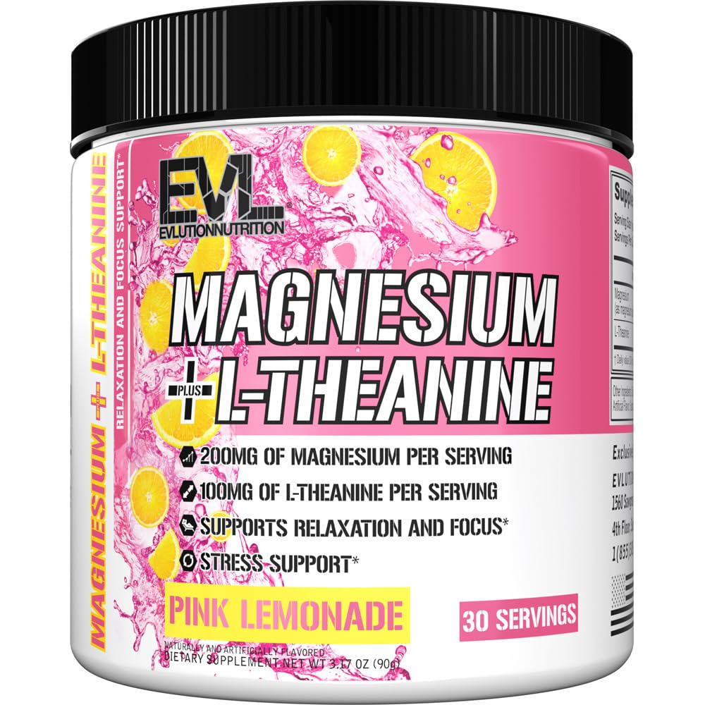 Evlution营养镁 + L-Thenine - 自然放松和重点支持 - 200mg 镁 + 100mg L-Thenine - Vegan & Non-GMO - 粉末饮食补充 - 30 services - Pink Lemonade