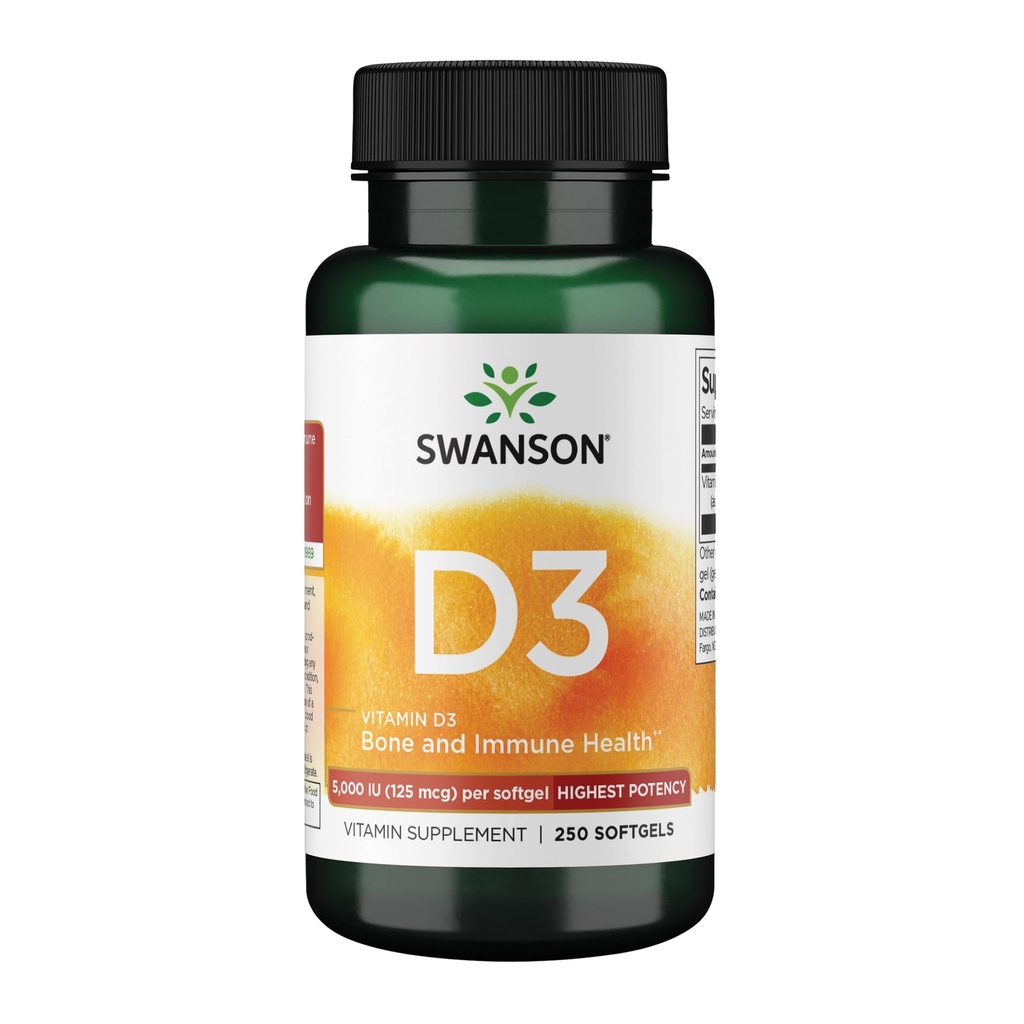 Swanson 维生素 D-3 5000 IU 骨骼健康免疫支持健康肌肉功能 D3 补充(cholecalciferol) 125 mcg 250 软胶计数