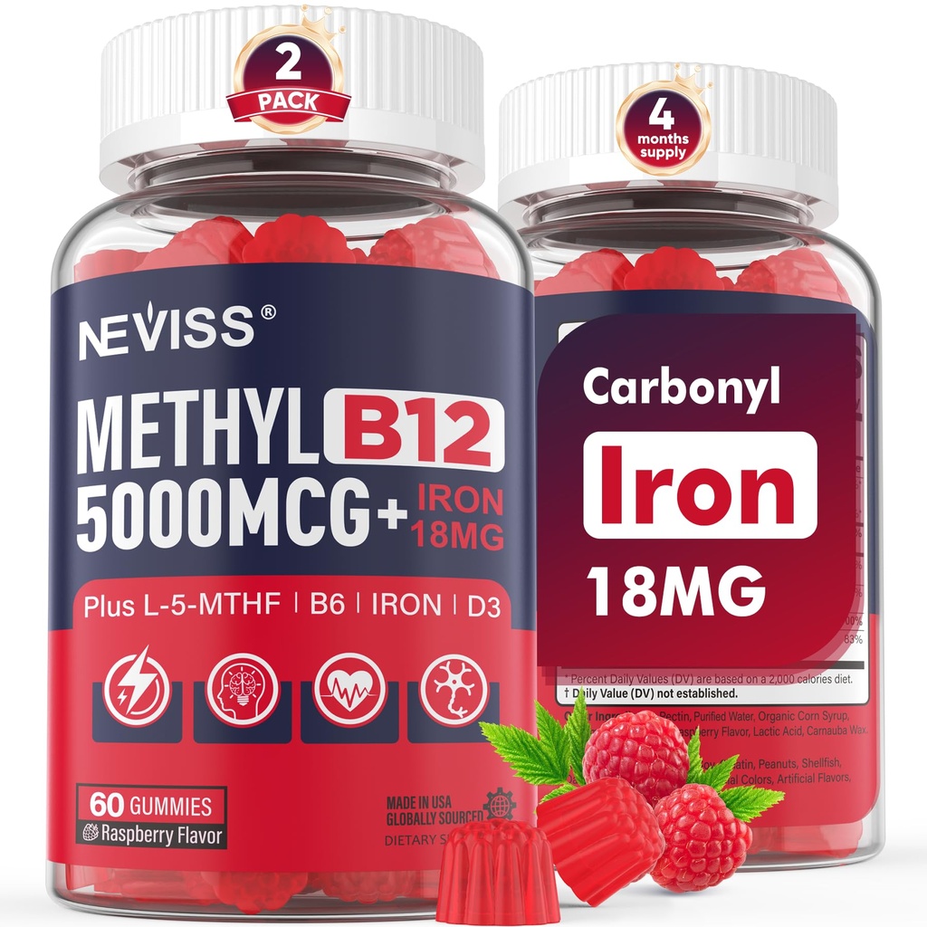NEVISS 甲基B12 维生素 5000 mcg Gummys + 铁 18 mg 女性-活性甲基Cobalamin 甲基B12 维生素补充 w/L-甲基Folate, B6 (P5P) & D3 能源与重点支持,120 服务