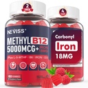 NEVISS 甲基B12 维生素 5000 mcg Gummys + 铁 18 mg 女性-活性甲基Cobalamin 甲基B12 维生素补充 w/L-甲基Folate, B6 (P5P) & D3 能源与重点支持,120 服务