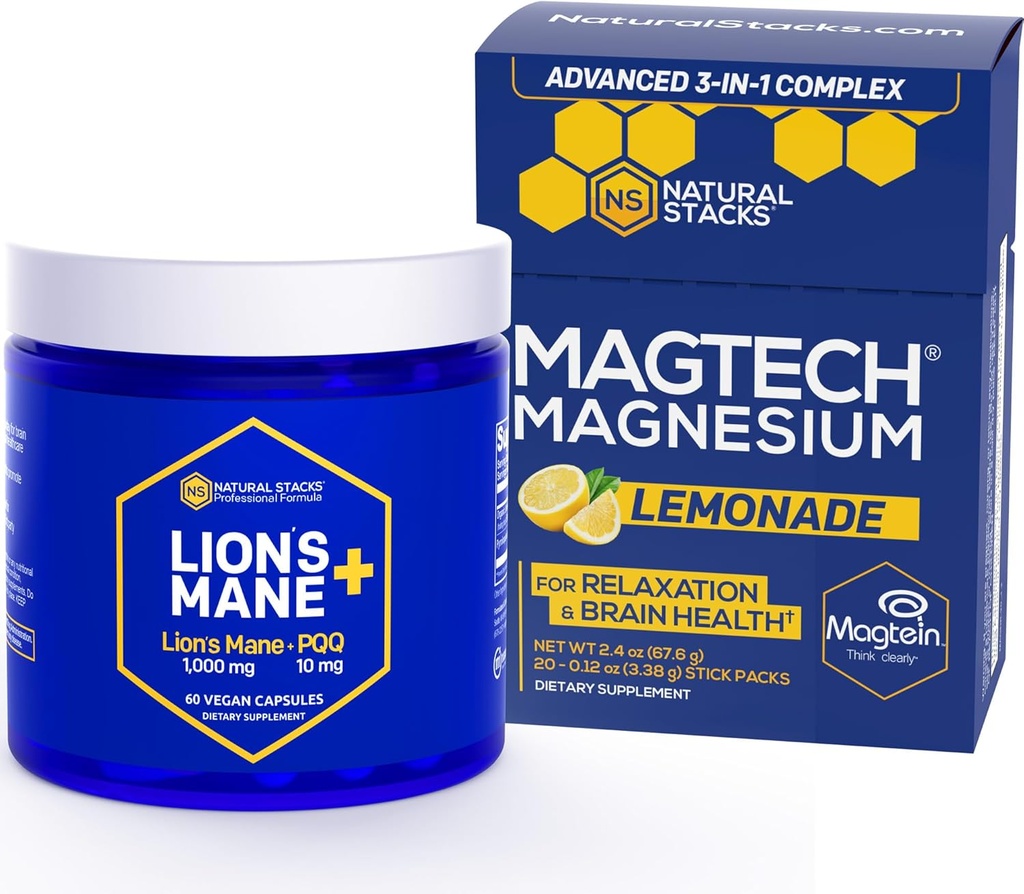 Natural STACKS Magtech 柠檬酸镁 饮料 Mix + Lions Mane 蘑菇补充包 - 支持放松,脑健康与记忆 * - 50种服务
