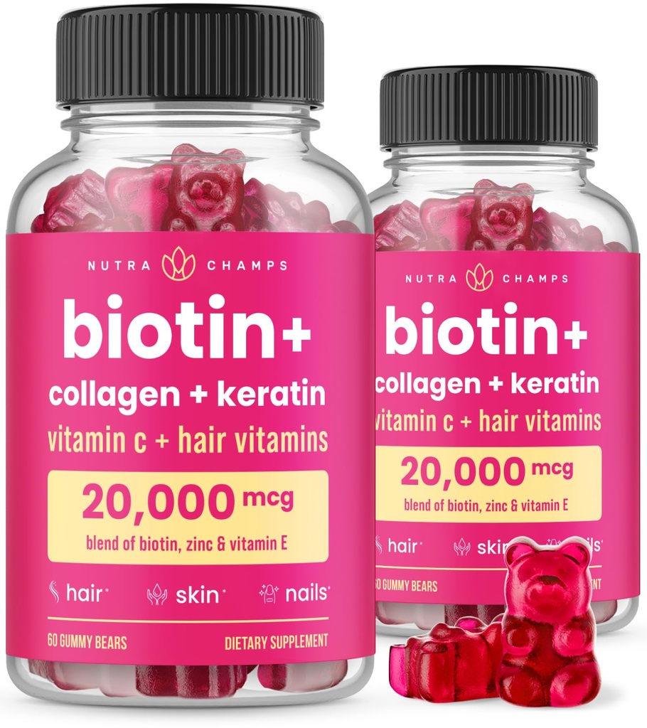 NutraChamps Hair Skin & Nails Gummys, Biotin with Collagen & Keratin, 5000mcg Biotin Beauty Complex, 维生素补充, Berry, 120 Counter, 健康头发, Radiant Skin & strong Nails (Pack of 2) (原始内容存档于2012年).