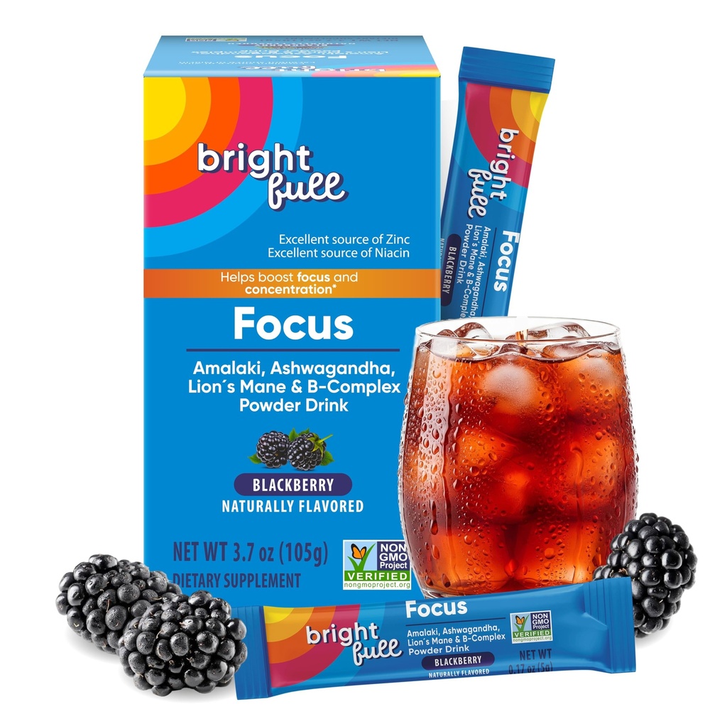 Focus Drink Mix | Ashwagandha, Lion's Mane, B-Complex Vitamins & Zinc | Sugar-Free | Mental Clarity & Clean Energy Without Crash | Non-GMO | BlackBerry Flavor | 21-Day Supply