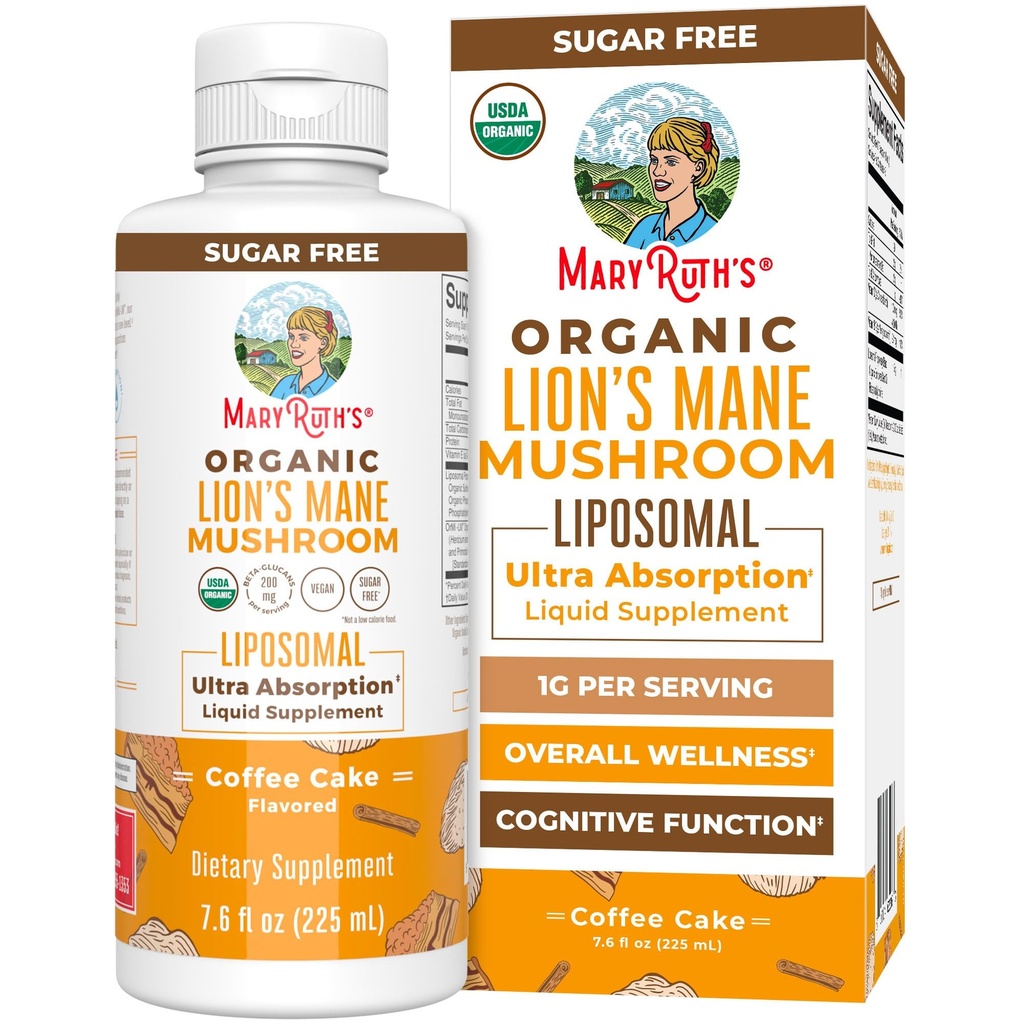 MARYRUTH'S Organics Lions Mane Supplement | Ultra Absorption Liposomal | Full Spectrum Lion's Mane Mushroom | 200mg Beta-Glucans Per Serving | USDA Organic | Vegan | 7.6 oz | 15 Servings