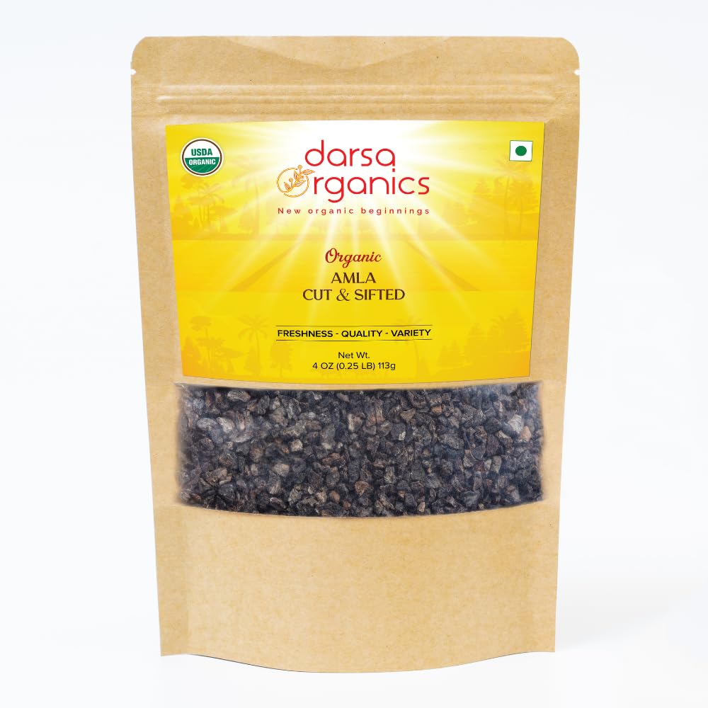 Darsa Organics Indian Gooseberry, Dried Amla Cut & Sifted 4oz - 草药茶、健康食谱、头发生长和豁免的有机阿姆拉,维生素C和抗氧化剂中的富含物,Vegan,非GMO,Gluten Free,Kosher