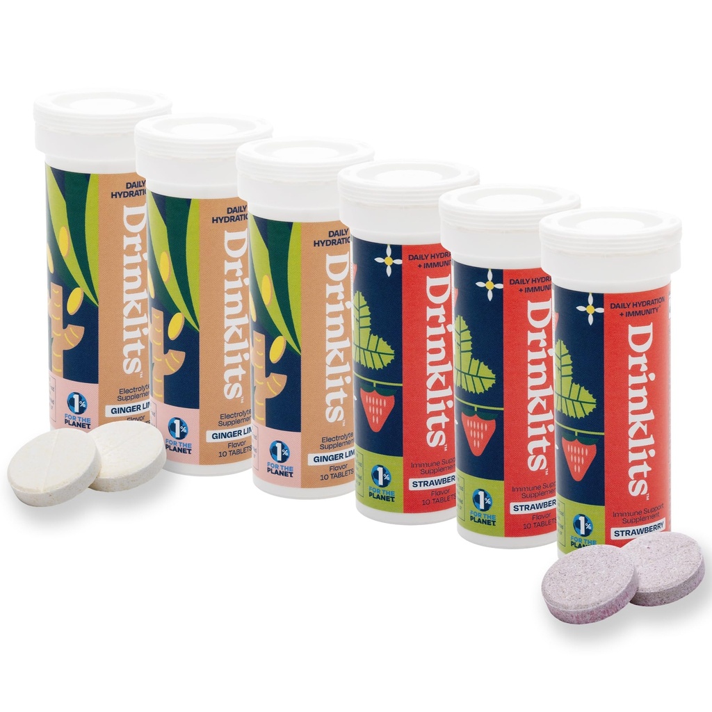 Drinklits Ginger-Lime 电解水与草莓豁免片 (6) Tube Combo Pack → Great Taste – Gluten Free – Daily use → 60 services (每块10片)