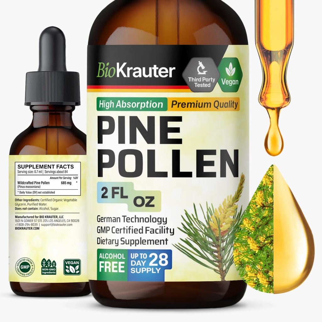 BIO KRAUTER Pine Pollen Tincture - Pine Pollen粉状液体提取用于免疫支持 - 酒精和糖无糖天然草药补充剂 - 2 Fl.Oz.