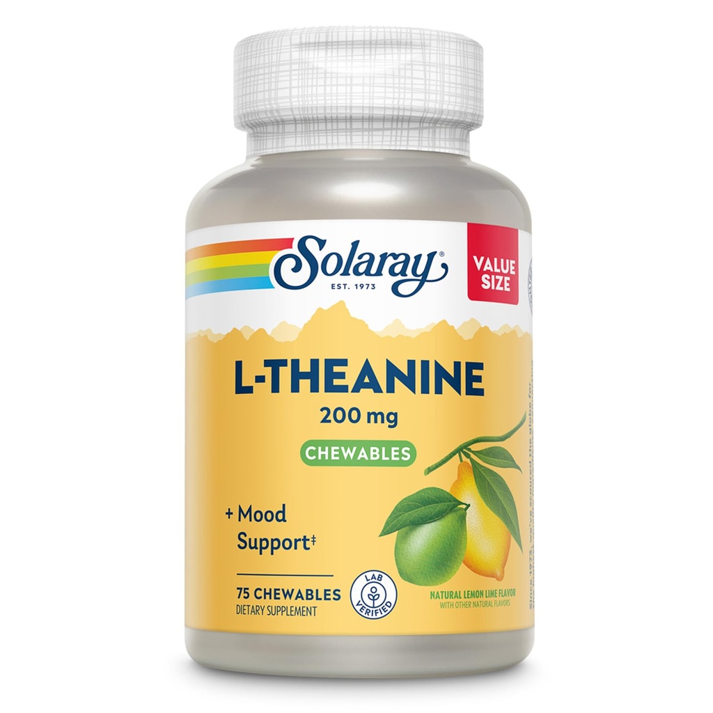 SOLARAY L Theanine 200mg,配有维生素B6的Mood支援补充剂 - 在不定期的压力下提供镇定支援 - 天然柠檬莱姆火焰 - 60天保障,实验室验证 - 75名服务员,75名厨师